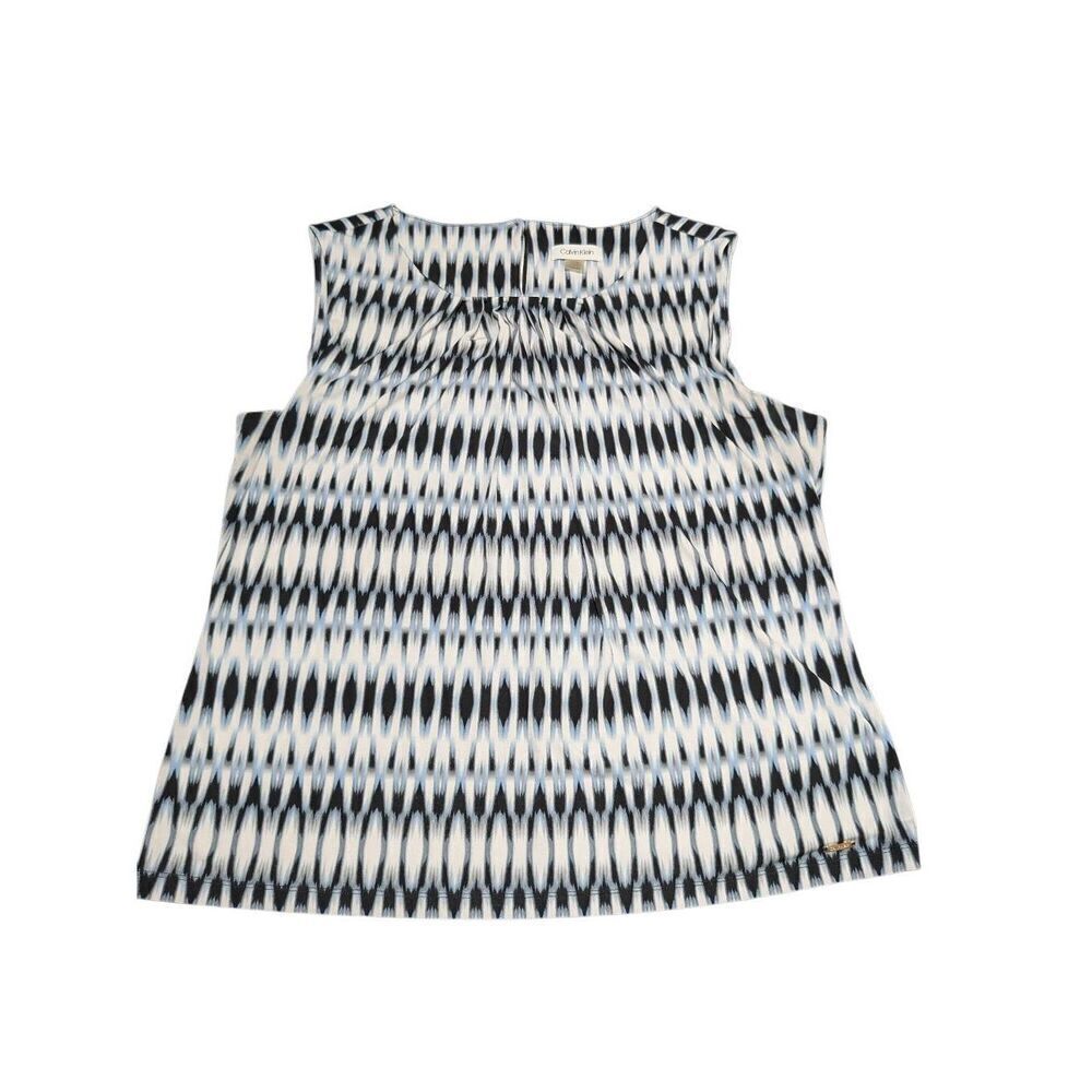 Calvin Klein Blue Geometric Sleeveless Pleated Blouse Women’s Size 1X